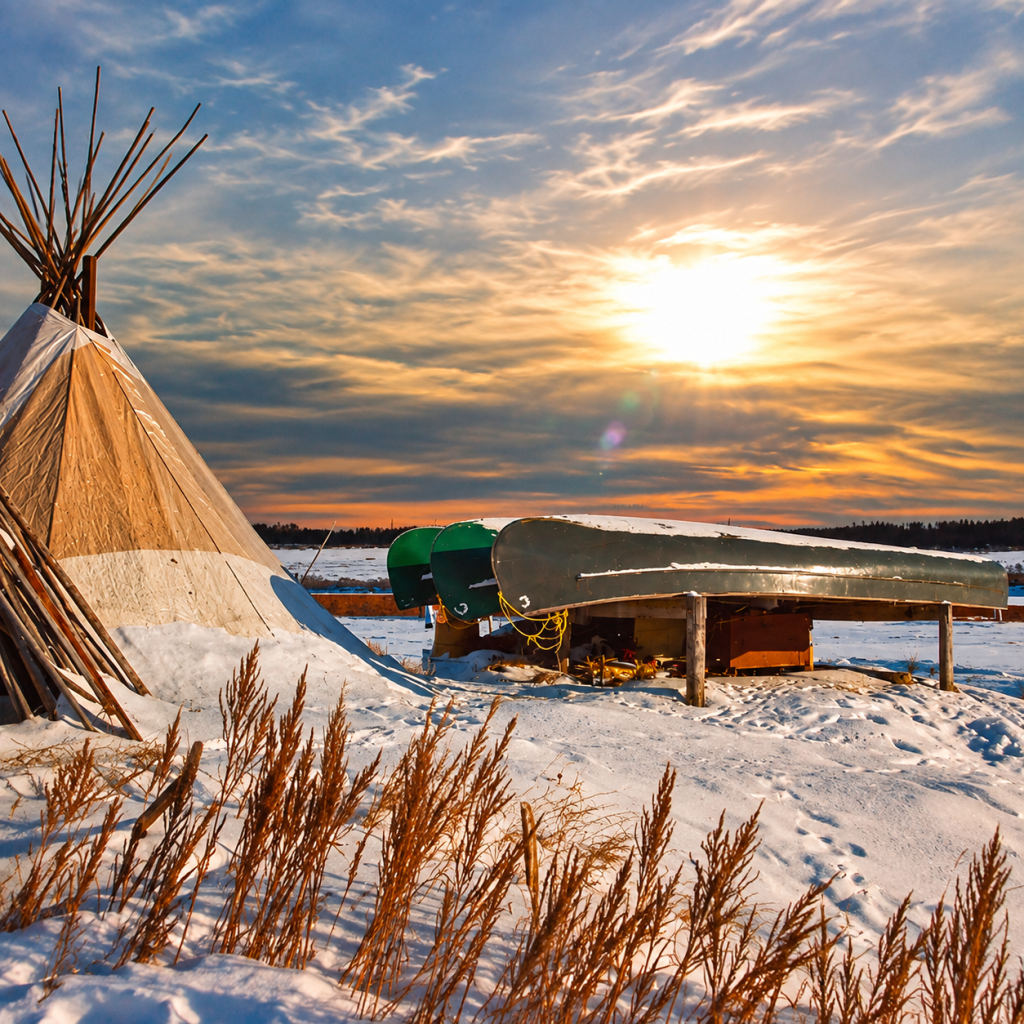 Winter landscape in Attawapiskat First Nation, Northern Ontario, featuring a traditional tipi, canoes and snow covered land.